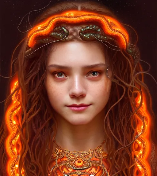 Image similar to portrait of teenage medusa, snake hair, naughty smile, wearing an embroidered orange tunic, intricate, elegant, copper and emerald jewelry, glowing lights, highly detailed, digital painting, artstation, concept art, smooth, sharp focus, seductive, illustration, art by wlop, mucha, artgerm, and greg rutkowski