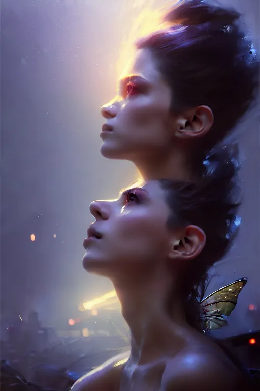 Image similar to cinematic shot of an epic portrait of a fairy dressed in military clothes, shiny skin, beautiful eyes, beautiful, small details, night setting, realistic poster with volumetric light from craig mallism, artgerm, jeremy lipkin and michael garmash, unreal engine, radiant light, detailed and complex environment, digital art, trends at art station, a masterpiece