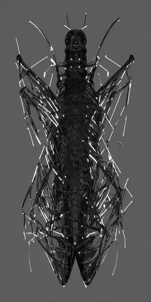 Prompt: cybernetic moth. portrait. complex shape. octane render. 8 k. soft light. dark background. monochrome. cinematic.