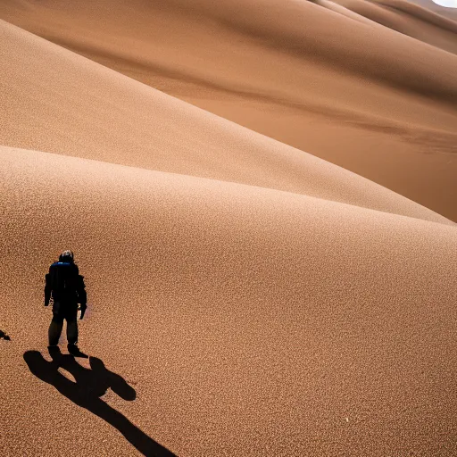 Image similar to Stilgar gazing at Sietch Tabr, from Dune 2021, XF IQ4, f/1.4, ISO 200, 1/160s, 8K, RAW, unedited, symmetrical balance, in-frame