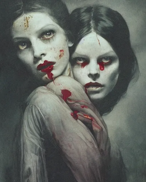 Prompt: a beautiful and eerie baroque painting of two beautiful but creepy siblings wearing vivienne westwood in layers of fear, with haunted eyes and dark hair, 1 9 7 0 s, seventies, wallpaper, a little blood, morning light showing injuries, delicate embellishments, painterly, offset printing technique, by brom, robert henri, walter popp