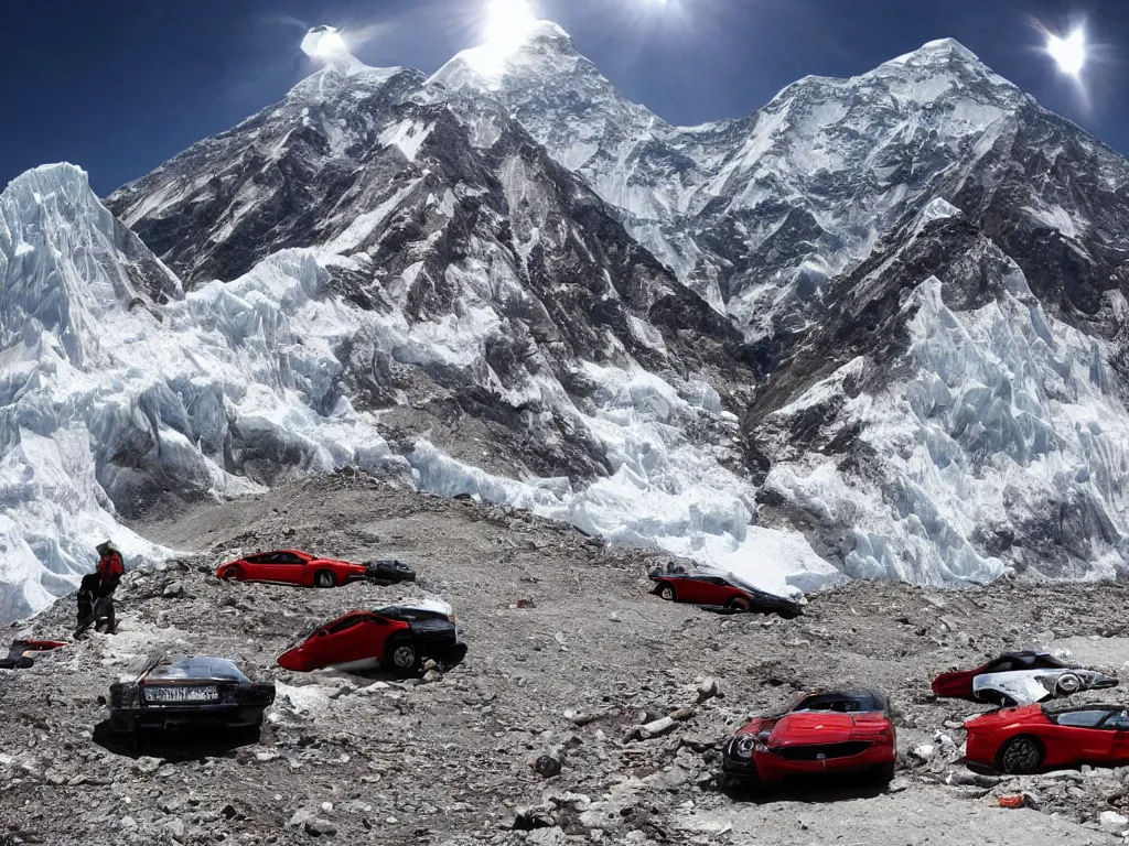 Image similar to mount everest with crashed ferraris, 3 model l