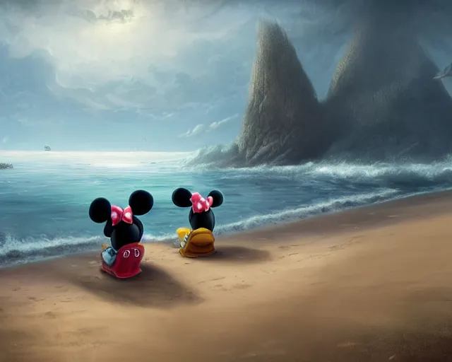 Prompt: Mickey mouse sitting next to terrifying sea creatures on a creepy beach, digital art, in the style of Raphael Lacoste, super detailed, artstation