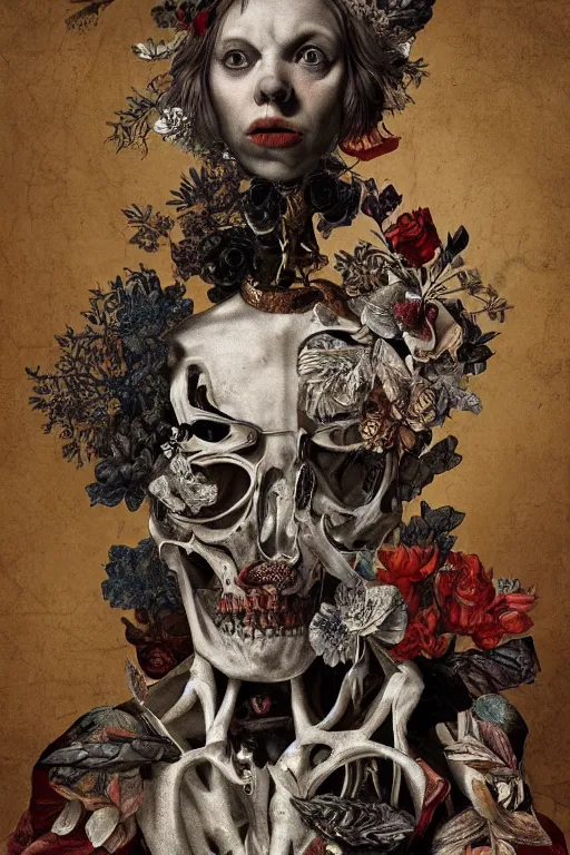 Image similar to Detailed maximalist portrait with large lips and with large white eyes, exasperated expression, botany bones, HD mixed media, 3D collage, highly detailed and intricate, surreal illustration in the style of Caravaggio, dark art, baroque