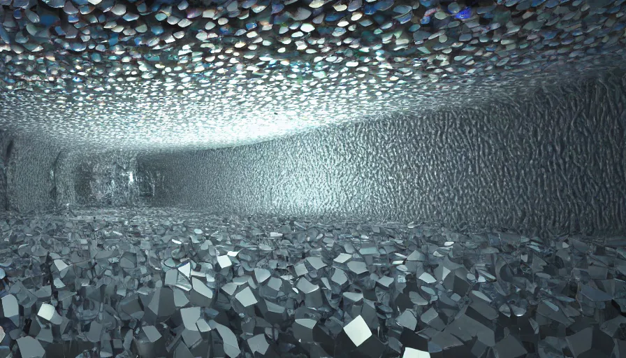 Prompt: chromatic reflections inside a cave made out of shiny mirrors, unknown light source, octane render, ray - tracing, 4 k, desktop wallpaper