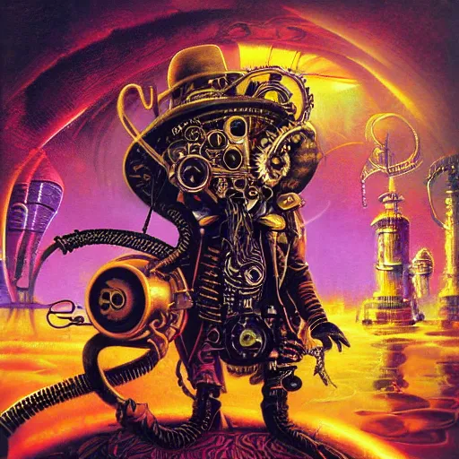 Image similar to steampunk rat, acid, 303, psychedelic, by paul lehr, cd cover for psytrance artist