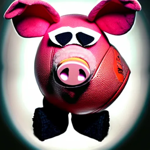 Image similar to studio photograph of a pig wearing a football helmet depicted as a muppet