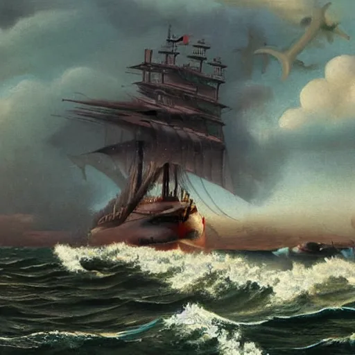 Image similar to a sea serpent attacking a battleship in the victorian time ( oil painted, beautifully painted by a good artist, highly detailed, good quality painting )