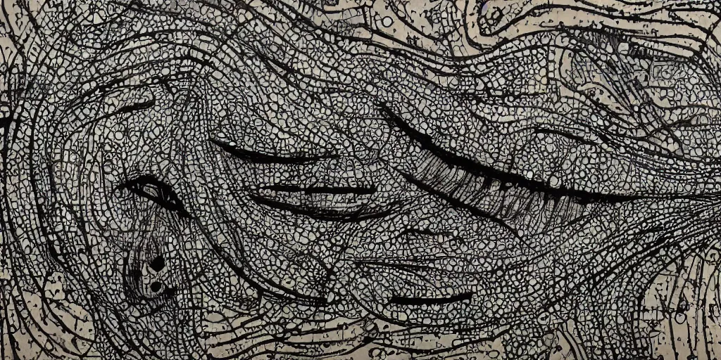 Image similar to camo of lines, technical, acrylic, teeth, eerie, tribal, clay, dots, lines, stipple, points, grid, cybernetic, old painting, swirly eyes, hypnosis