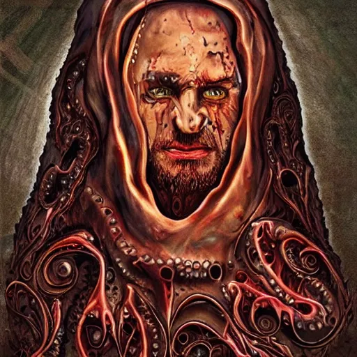 Image similar to ramzan kadyrov became bloody ugly lovecraftian degenerate abomination, photo - realistic, color image, 2 k, highly detailed, bodyhorror, occult art