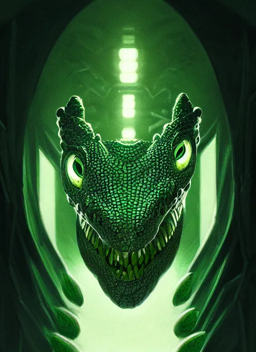 Image similar to symmetry!! portrait of a lizard man, dark green scales, horror, white glowing eyes, night time lighting, intricate, scary, highly detailed, digital painting, artstation, concept art, smooth, sharp focus, illustration, art by greg rutkowski