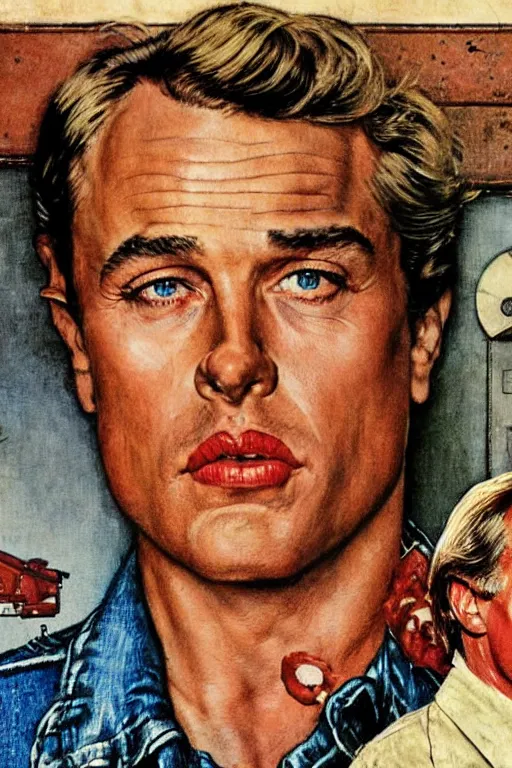 Prompt: Cliff Booth from Once upon a time in Hollywood painted by Norman Rockwell