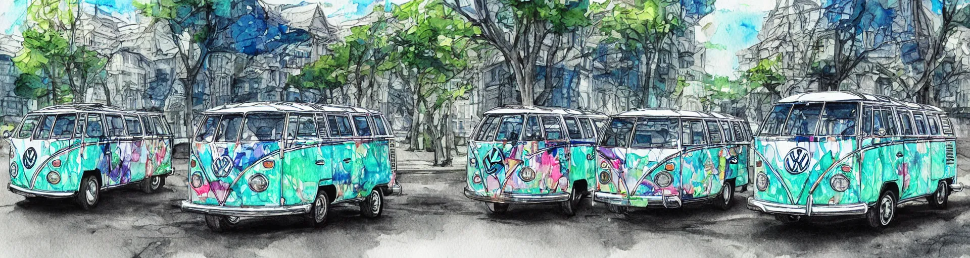 Prompt: vw bus on a street, centered award winning watercolor pen illustration, edited by range murata, tiny details by artgerm and watercolor girl