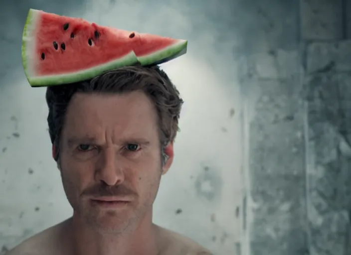 Image similar to film still of a man with a watermelon on his a head in the new horror movie, 4 k