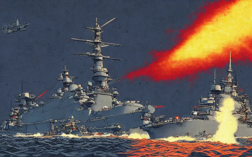 Prompt: japanese battleship yamato in front of huge nuclear explosion, in the style of james jean and laurie greasley, dynamic composition, dramatic lighting, ultra detailed