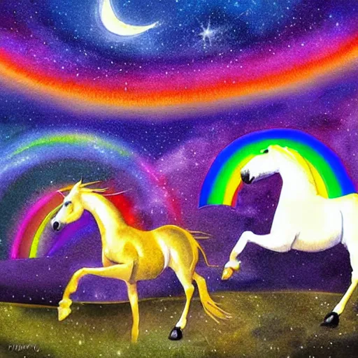 Prompt: horses over a bright colorful rainbow under a dark starred night, dark fantasy, digital art, watercolour, high detail, colorful, dreaming illusion