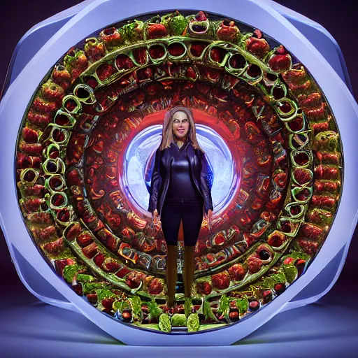 Prompt: a realistic render of a stargate made of apples, christina applegate head on top, ef 8 5 mm f 1. 8 usm, bionic scifi alexandre ferra, hyper detailed, digital art, trending in artstation, cinematic lighting, studio quality, smooth render, unreal engine 5 rendered, octane rendered