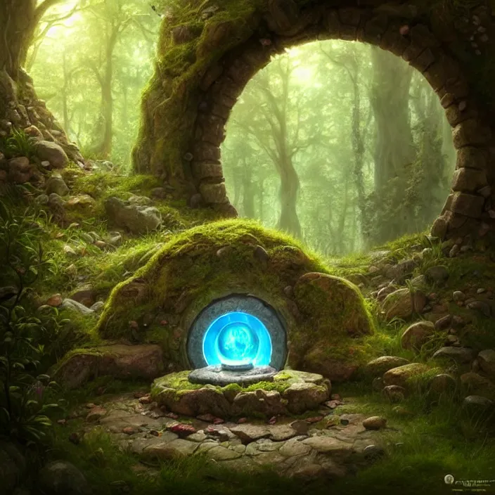 Image similar to Fantasy Magical fairy-tale stone portal in the forest. Round stone portal teleport in trees to other worlds. Fantastic landscape. Magic Altar in the fores, highly detailed, digital painting, artstation, concept art, smooth, sharp focus, illustration, art by artgerm and greg rutkowski and alphonse mucha