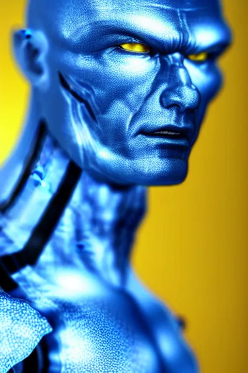 Image similar to hyperrealistic close-up blue glowy exoskeleton!! chinese man covered highly detailed concept art eric zener elson peter cinematic side soft yellow light low angle hd 8k sharp shallow depth of field