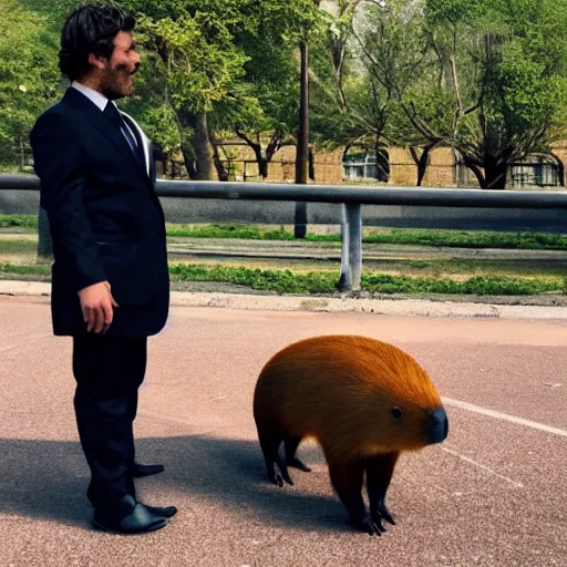 Image similar to capybara wearing a suit, full body, facing camera, centered, high quality art