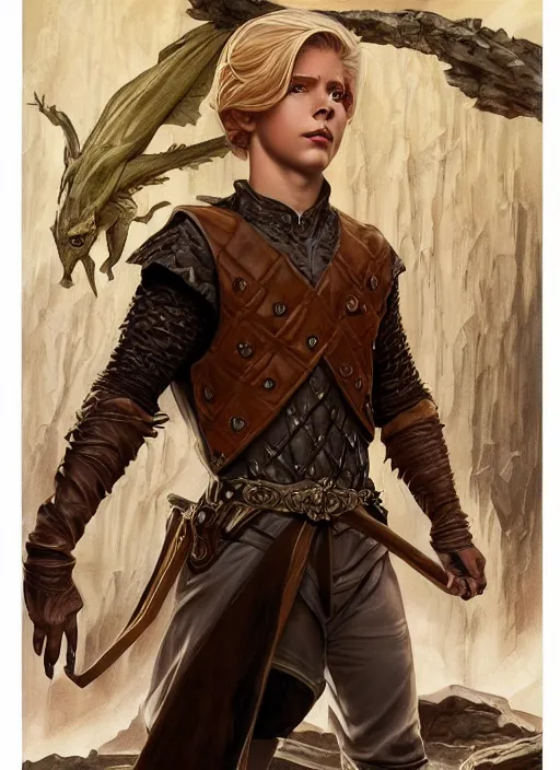 Image similar to an epic fantasy comic book style full body portrait painting of a young blonde boy who is over confident, wearing plain brown leather thief clothes, d & d, fantasy, intricate, elegant, highly detailed, digital painting, artstation, concept art, matte, sharp focus, illustration, art by artgerm and greg rutkowski and alphonse mucha