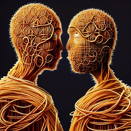 Prompt: siamese twins made of spaghetti, studio photo shoot, intricate armor made of spaghetti fractals, ancient warrior, samurai style, by giuseppe arcimboldo and ambrosius benson, renaissance, intricate and intense oil paint, a touch of beksinski, realistic