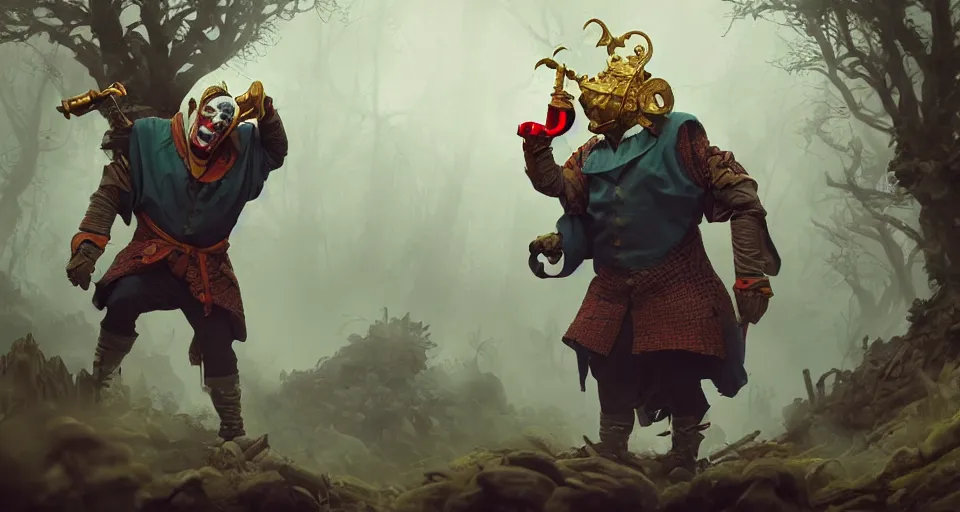 Prompt: robert de niro as medieval joker, crazy colorful clothing, a heavy golden mace in his hands, wandering through a forbidden forest, trending on artstation, style of peter mohrbacher, octane render, unreal engine