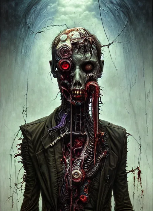 Prompt: portrait of an eldritch zombie, hyper detailed masterpiece, dystopian background, jean giraud, digital art painting, darkwave goth aesthetic, lovecraftian, artgerm, donato giancola and tom bagshaw