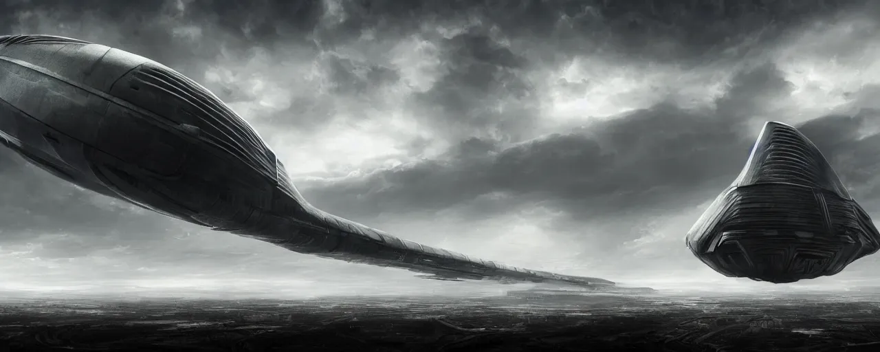 Prompt: a large ominous and geometric spaceship, streamlined and very large and long floating over a barren dry land with an epic cloud formation on the background by HR GIger, Dariusz Zawadzki, Neil blevins, Feng Zhu, gustave doré, zhuoxin ye, very detailed, octane render, 8k, oranate and brooding, scary and dark, canon 24mm lens