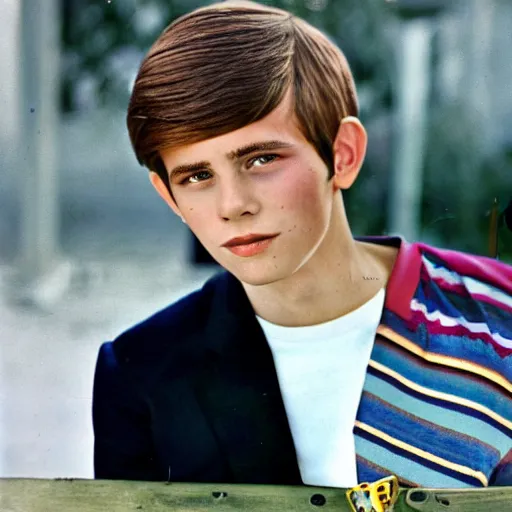 Prompt: a color photograph of a very handsome young guy in the 1 9 6 8