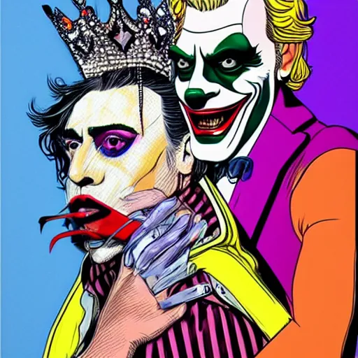 Prompt: richard hamilton and mimmo rottela as lady gaga harley queen and joaquin phoenix joker kissing, pop art, medium long shot, 2 color, justify content center, hyper detailed content, dynamic composition, 4 k, ultra realistic art, smooth, sharp focus, illustration, concept art, intricate details, h 7 6 8