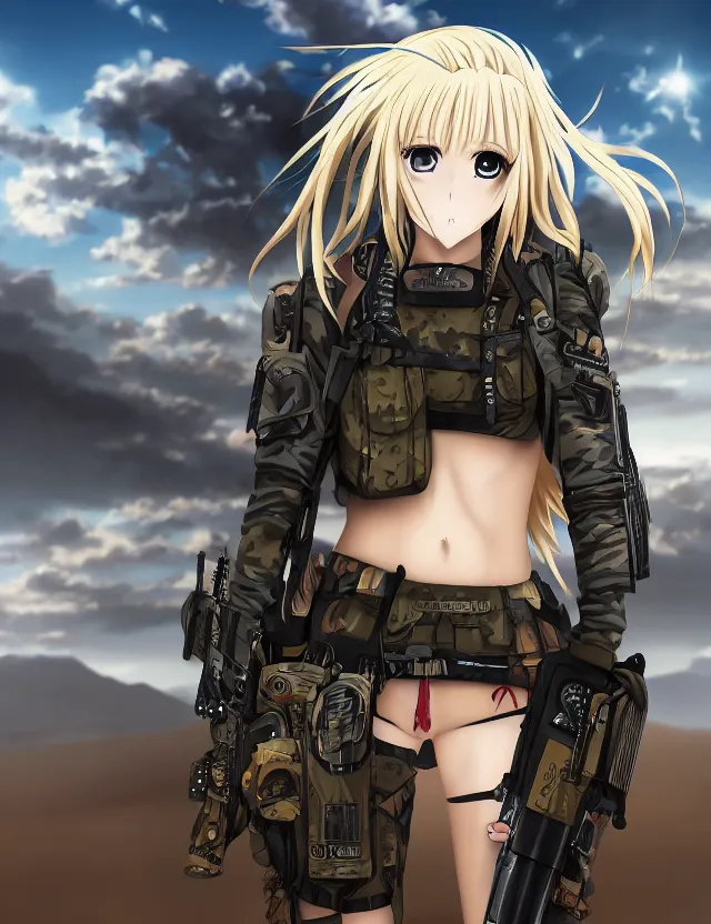 Prompt: an anime portrait of a blonde vampire girl in desert camo tactical gear, trending on artstation, digital art, 4 k resolution, detailed, high quality, sharp focus, hq artwork, coherent, insane detail