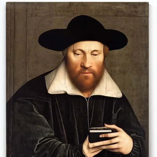 Image similar to man on a cell phone, by Hans Holbein the Younger