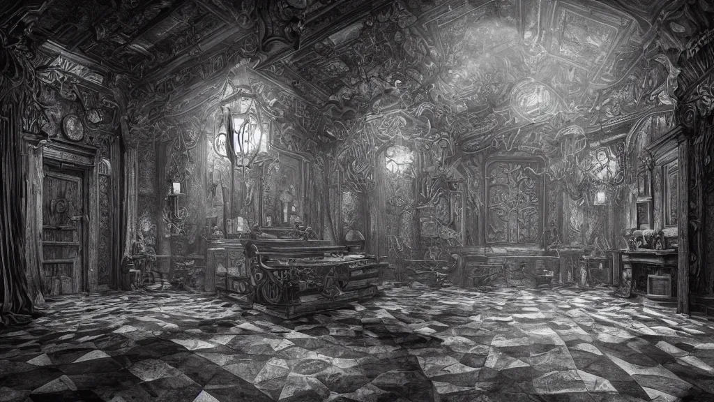 Prompt: a beautiful hyper realistic detailed matte painting of the owl manor, a place where you will be lost in strange room full of optical illusion and tricky perspective, dramatic lighting, dynamic lighting, cinematic lighting, dynamic lighting, cinematic lighting, lit by morning light, by maurits cornelis escher, black and white, featured on artstation, ultrawide angle