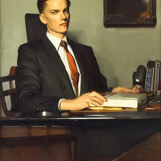 Prompt: man in desk with coffee and black suit by leyendecker and dean cornwell, 8 feet from the camera, 6 0 ´ s bauhaus furniture