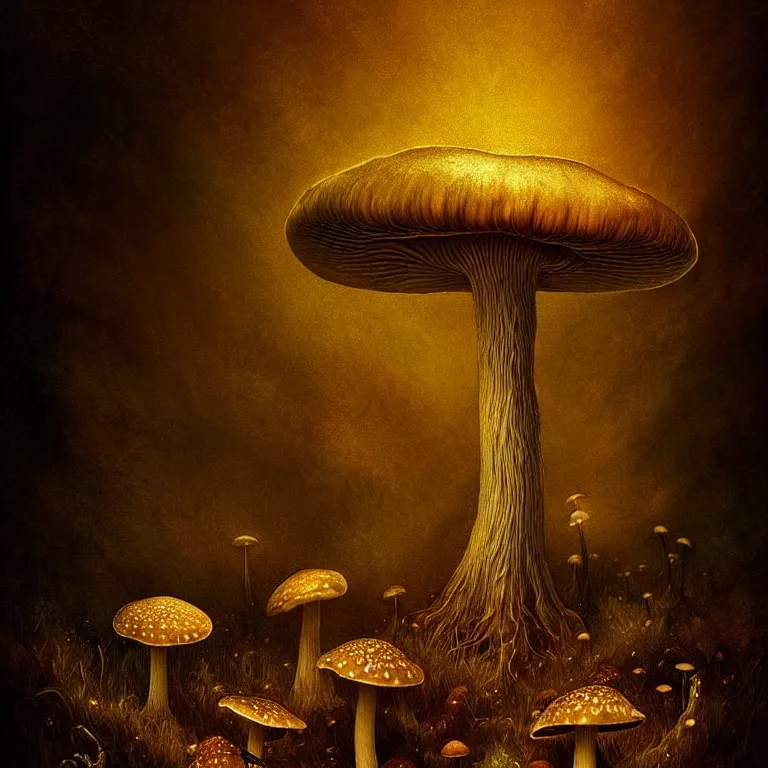 Image similar to epic professional digital art of startling mushroom, faint golden moody atmospheric lighting, painted, intricate, detailed, detailed, foreboding, by leesha hannigan, wayne haag, reyna rochin, ignacio fernandez rios, mark ryden, iris van herpen,, epic, stunning, gorgeous, much wow, cinematic, masterpiece.