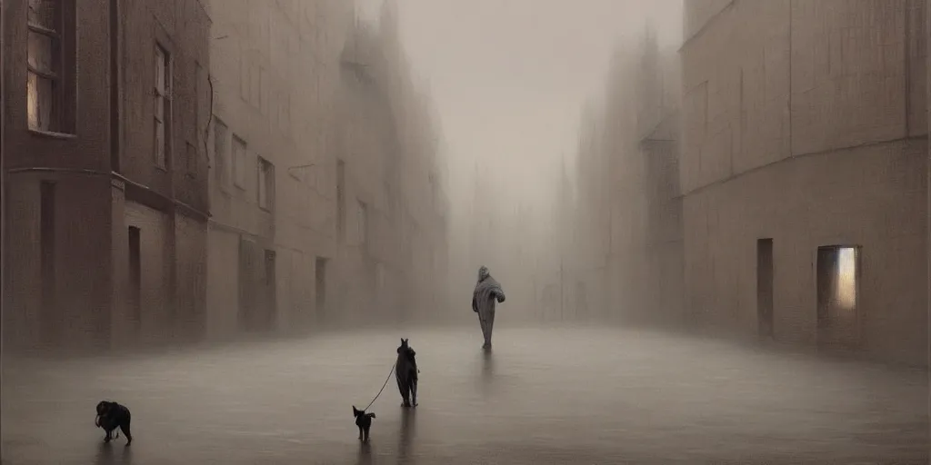 Prompt: painting of a dog and it's lifeless owner wandering the streets of london, half the painting is glitched, by zdzislaw beksinski, by dariusz zawadzki, by wayne barlowe, gothic, surrealism, cold hue's, warm tone gradient background, concept art, focused scene, medium shot, beautiful composition