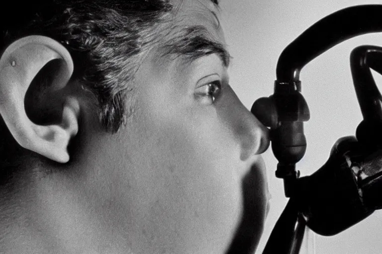 Prompt: a black and white image of an anthropomorphic robot measuring a human ear, a film by david lynch