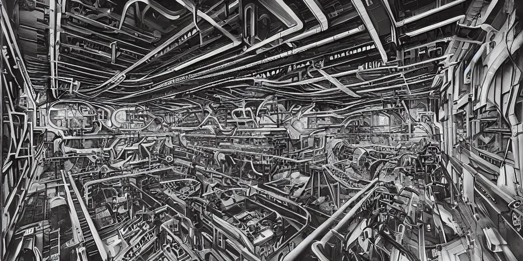 Prompt: inside of a complex space ship machinery room, by Escher