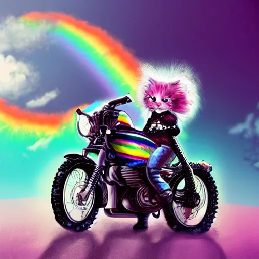 Image similar to wide angle full body, jacket wearing fluffy cute rainbow kitten wearing a black leather motorcycle jacket, riding on a motorcycle, cinematic concept art