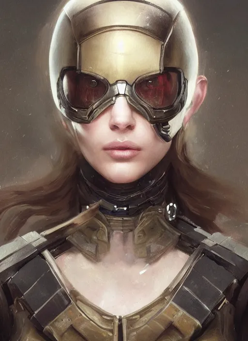 Image similar to a professional painting of a beautiful young female, clothed in military armor, olive skin, long dark hair, beautiful bone structure, symmetrical facial features, intricate, elegant, digital painting, concept art, smooth, sharp focus, illustration, from Metal Gear, by Ruan Jia and Mandy Jurgens and Artgerm and William-Adolphe Bouguerea