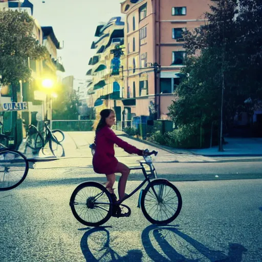 Prompt: a girl rides a bicycle on the street at dusk