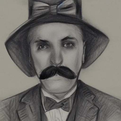 Image similar to charcoal sketch of an early 20th century occult detective from the german empire, mustache, bow tie