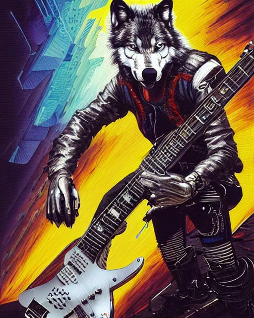 Image similar to a portrait of an anthropomorphic cyberpunk wolf shredding an electric guitar by sandra chevrier, by jon foster, detailed render, tape deck, epic composition, cybernetics, 4 k realistic, cryengine, realistic shaded lighting, sharp focus, masterpiece, by enki bilal
