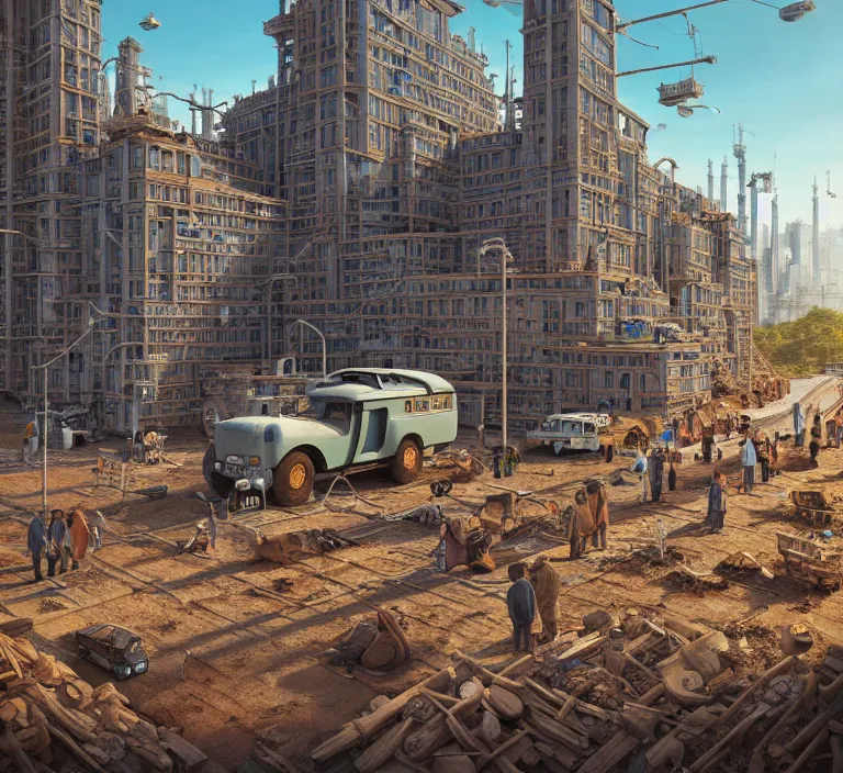 Prompt: hyperrealism photography hyperrealism concept art of highly detailed beavers builders that building highly detailed futuristic city by wes anderson and hasui kawase and scott listfield sci - fi style hyperrealism rendered in blender and octane render volumetric natural light