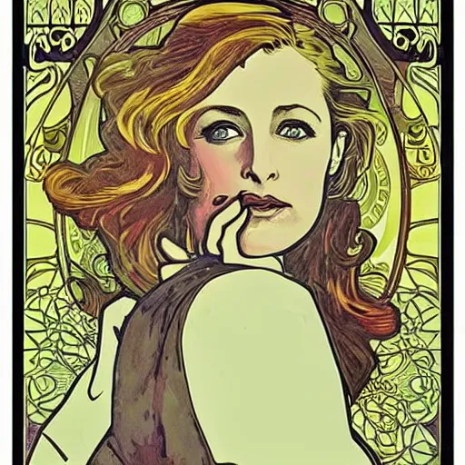 Image similar to gillian anderson, art nouveau, alphonse mucha