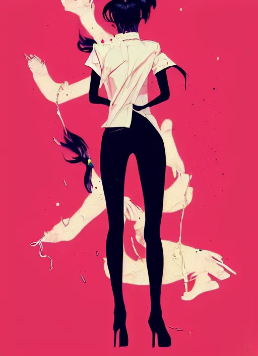 Image similar to a ultradetailed beautiful panting of a stylish woman wearing a shirt with a tie, she has black hair, dancing, by conrad roset, greg rutkowski and makoto shinkai, trending on artstation