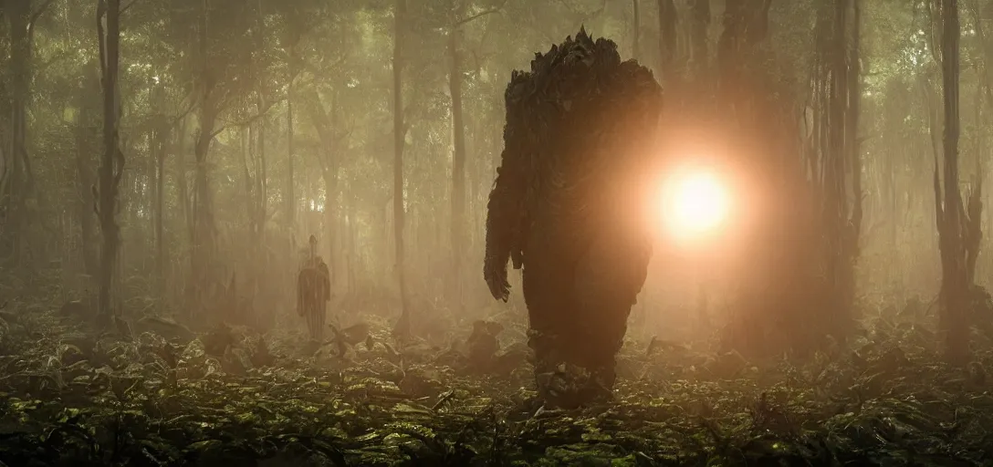 Image similar to a complex organic fractal 3 d metallic symbiotic ceramic humanoid megastructure creature in a swampy lush forest, glowing eyes, foggy, sun rays, cinematic shot, photo still from movie by denis villeneuve, wayne barlowe