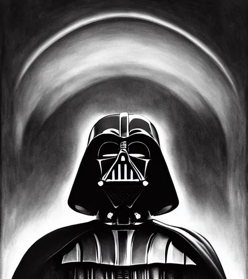 Image similar to black-and-white portrait of Darth Vader by H. R. Giger; extraordinary-masterpiece; realistic-lighting