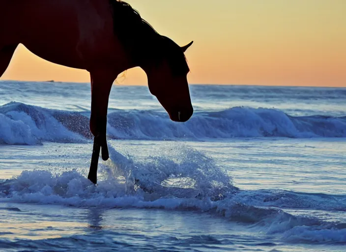 Image similar to a horse surfing at the beach before sunset in malibu, high quality photo